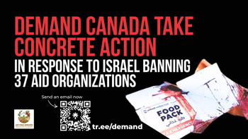 Demand Canada take concrete action in response to Israel banning 37 aid organizations. Logo Just Peace Advocates. Photo d'un «food pack» couvert de sang.